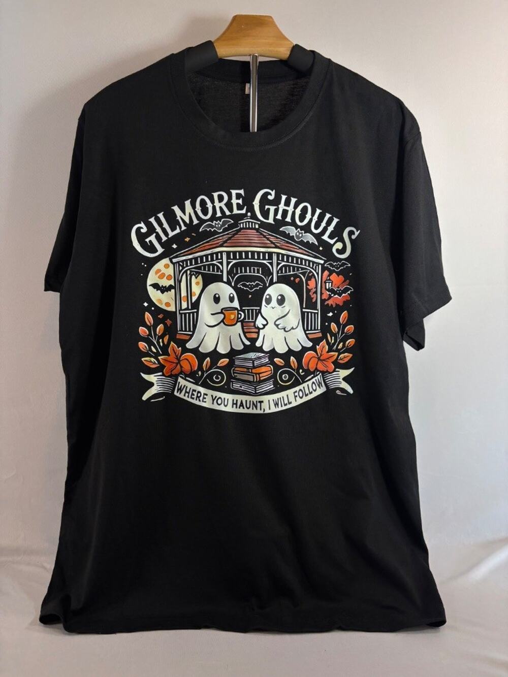 Gilmore Ghouls Halloween Ghost Graphic Black Tee Shirt Women L